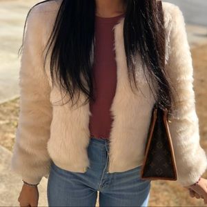 Cream Bomber Style Faux Fur Coat
